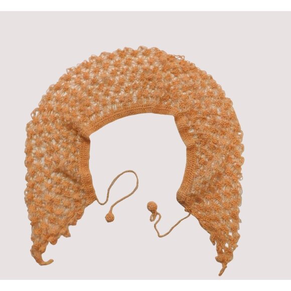 Vintage Crochet Lace Collar Peach Handmade Pom Pom Ties Bolero Shrug 6 Inch - Picture 2 of 7